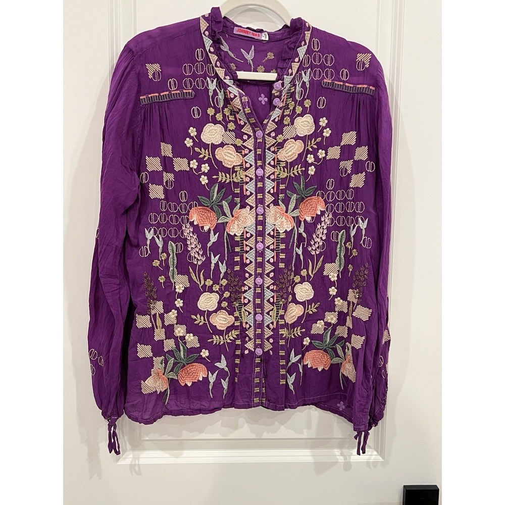 Johnny Was Brielle Embroidered Blouse M Purple Eyelet Tie-Sleeve MSRP $285